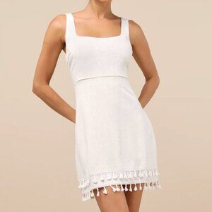 Lulus Feel the Sunshine Light Beige Linen Tassel Mini Dress